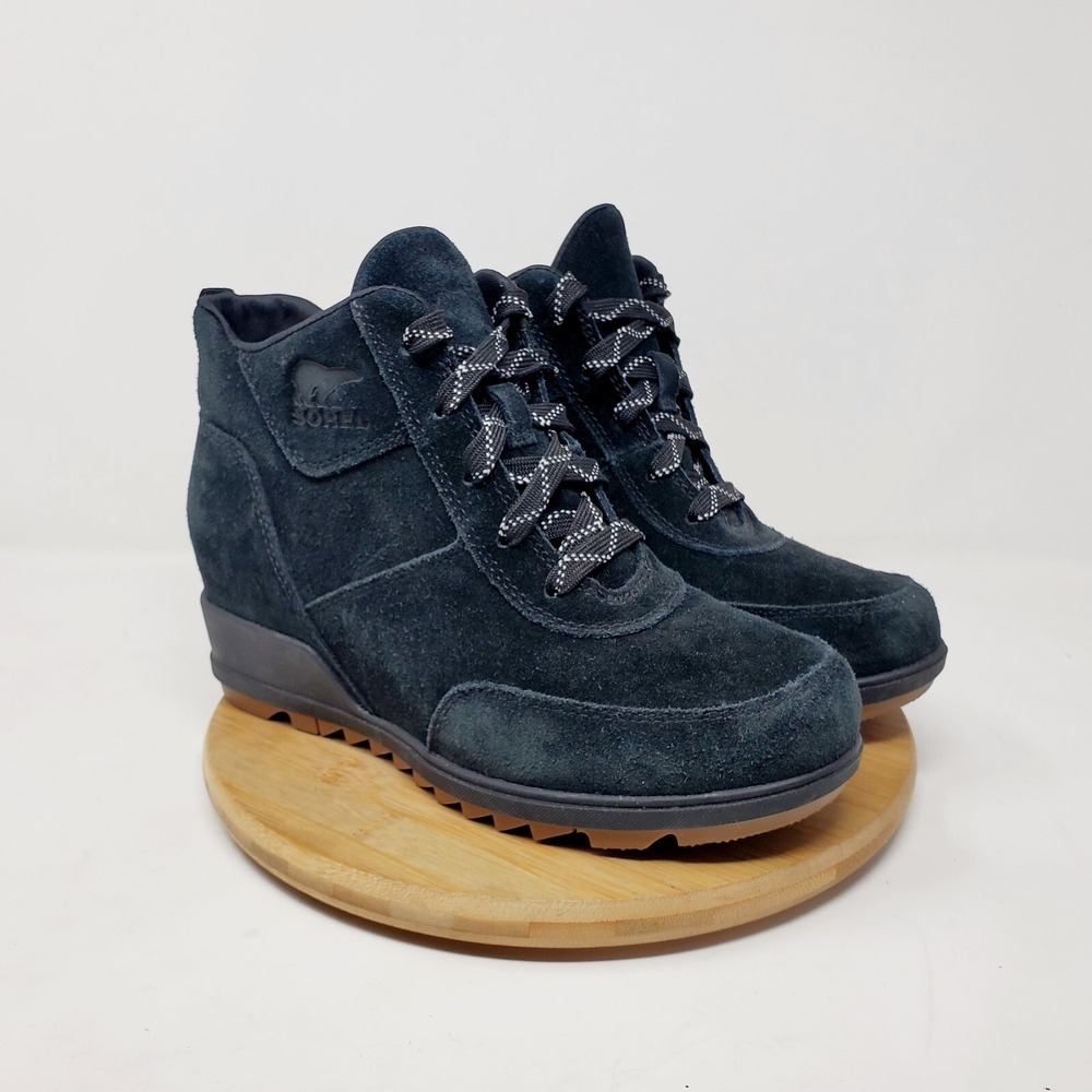 Sorel Evie Sport Boots Womens 7.5 Black Suede Wedge Bootie Waterproof Lug Shoes